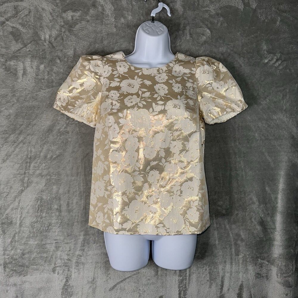J Crew Jacquard Puff Sleeve Metallic Gold Ivory Top Holiday Christmas XXS